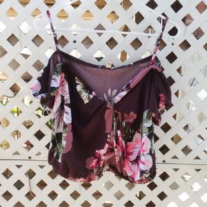 Express One Eleven Maroon Floral Print Cold Shoulder Crop Top Size M